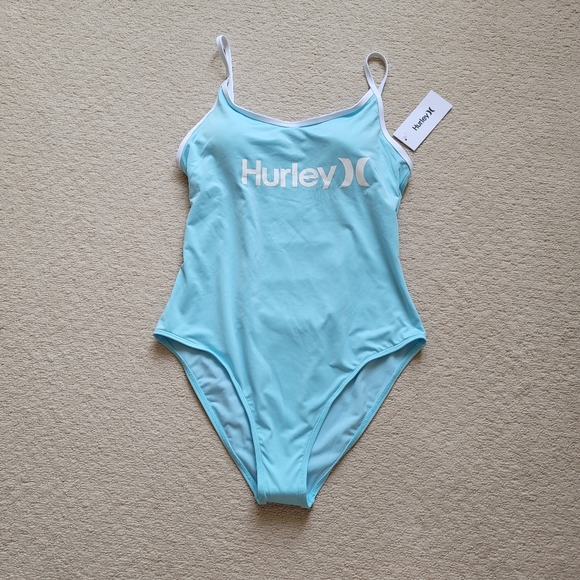 HURLEY Light Blue & White Hem Back Cutout Front Logo One Piece Swimsuit - Picture 4 of 8